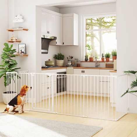 Parc pour chien pliable 6 panneaux 366 cm acier et plastique blanc, avec porte – MEUBLIV (1/5)