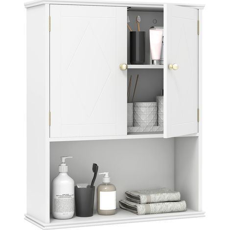 Costway – Armoire murale salle de bain 2 portes – Étagère réglable 3 positions – Compartiment ouvert – Design moderne – Gain de place pour toilettes (1/5)