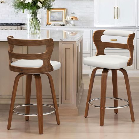 Barhocker 2er Set mit Lehne, 360° drehbar, 66 cm Höhe, Holz & Kunstleder Weiß/Walnuss (1/5)