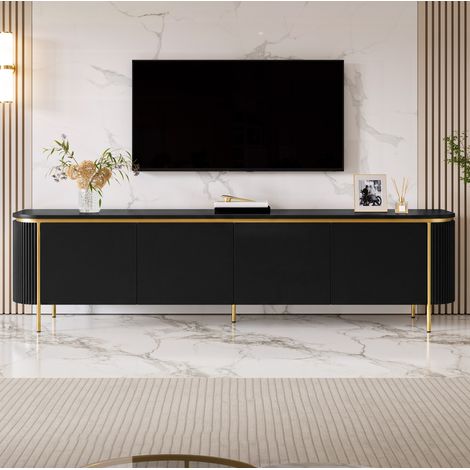 TV-Möbel aus schwarzem MDF 180 x 38 x 46 cm mit 6 Türen und Eisenfüßen OKWISH (1/5)