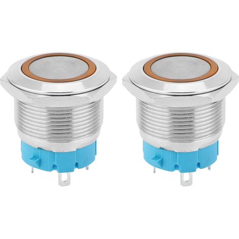 Interrupteur à bouton-poussoir autobloquant 4 broches avec éclairage annulaire - Lot de 2 (Jaune, 12-24 VDC) (1/5)
