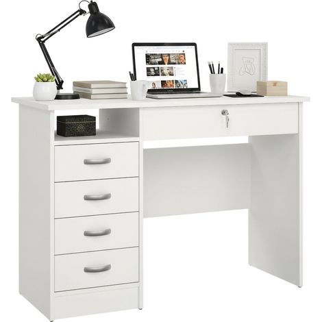 Dmora – Bureau droit 5 tiroirs blanc – Dimensions 109 x 75 x 48 cm – Glissières métal – Résistant aux chocs et rayures