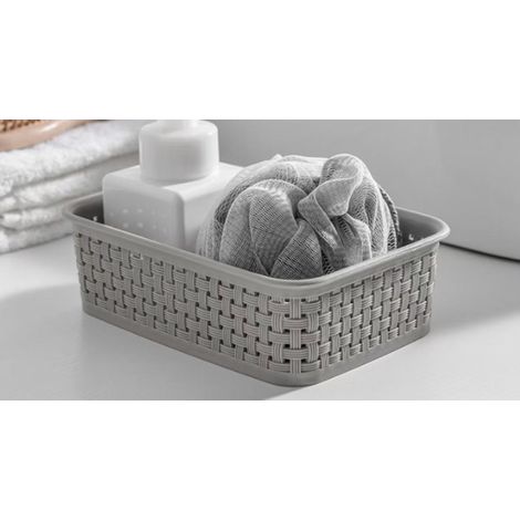 Sollbry 5 pieces Petit Panier de Rangement Plastique - Organisez Votre Maison avec Style - - Taille Moyenne -27×18×7.5- Gris Taupe (1/5)