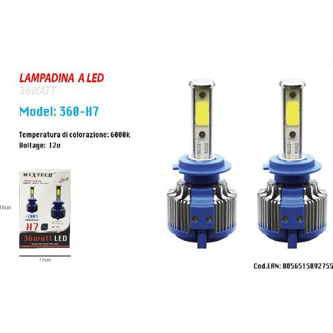 TRADE SHOP - Coppia Lampade Fari Ricambio Auto H7 Maxtech 360-h7 Led 3800 Lumen 6000k 12v 36w -