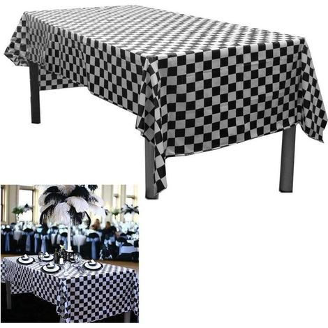 Lot de 2 nappes jetables en plastique à carreaux noirs et blancs, 137 x 274 cm, emballées individuellement. (1/5)