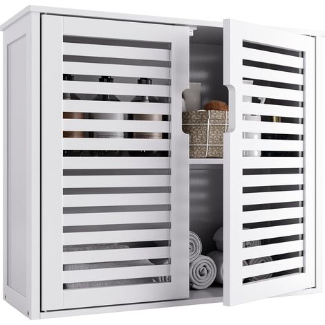White Bathroom Wall Cabinet, Hanging Toilet, Bamboo Medicine Cabinet with Adjustable Shelves, 2 Doors (1/5)