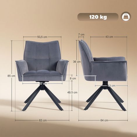 Juego de 2 Sillas de Comedor Giratorias con Reposabrazos Respaldo Acolchado Tapizado en Terciopelo Patas de Acero Gris (1/5)