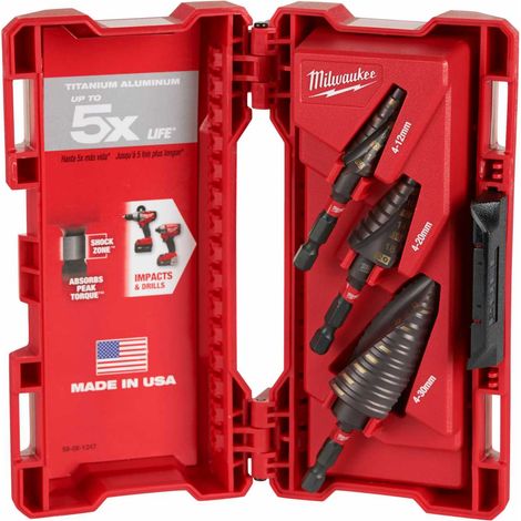 Milwaukee Stufenbohrer-Set Shockwave, Kegelsenker, Schälbohrer, Konus, 4-30mm 3-teilig (1/2)