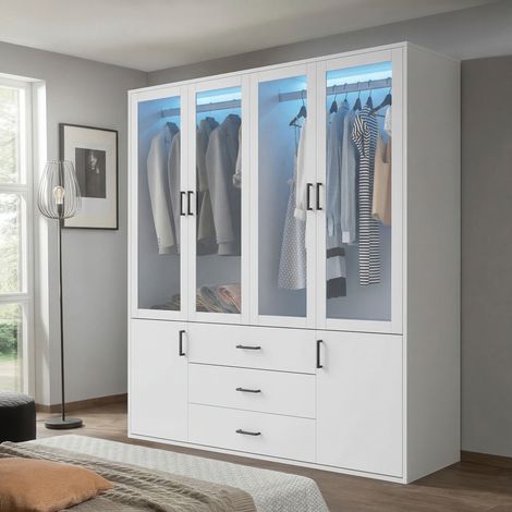 BLANKETSWARM - Armoire chambre adulte 6 portes et 3 tiroirs – 160x52x182 cm – Éclairage LED – Porte en verre transparent – Blanc