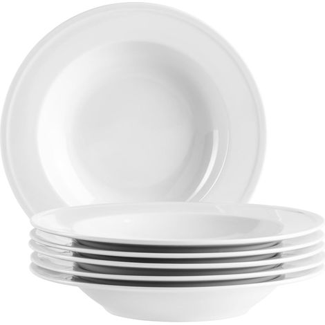 Assiettes creuses porcelaine - Lot de 6 - Blanc élégant - Résistant micro-ondes - Quotidien et fêtes - 22 cm (1/4)