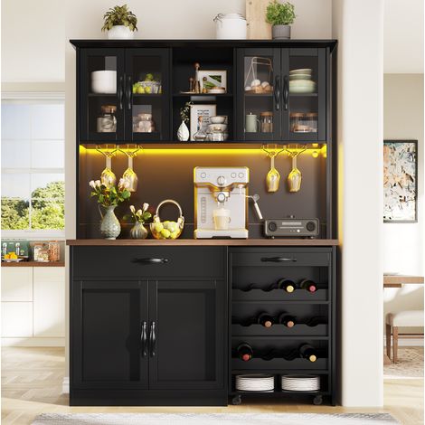 Credenza cucina 140/38/180 cm nera con carrello estraibile, LED dimmerabile e portabottiglie (1/5)
