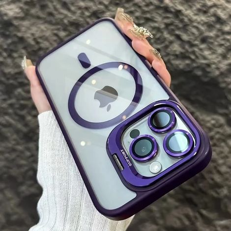(iPhone 15, Violet foncé) Étui de téléphone magnétique antichoc pour iPhone avec support et protection d'objectif en verre.