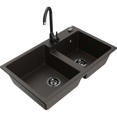 Mexen Tomas lavello in granito a 2 camere con rubinetto da cucina Telma, nero/oro metallizzato - 6516-75-670200-70-B (1/5)
