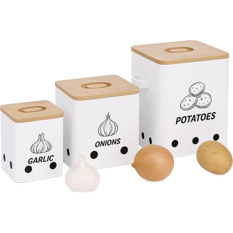 Boîte de Conservation pour Pommes de Terre, oignons et ail, 3 pièces, métal, Couvercle en Bambou, Blanche.