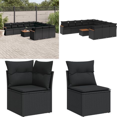 Salon de jardin 12 pcs avec coussins noir résine tressée - Ensemble Salon De Jardin - Mobilier De Jardin - Canapé Extérieur - Chaise Extérieure - Table Basse Jardin - Home & Living (1/5)