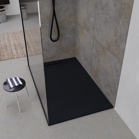Plato de ducha 120x80x3cm extraplano polibetón negro mate efecto piedra (1/5)