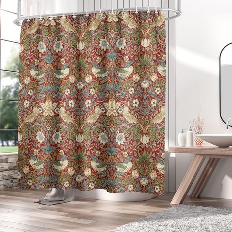 William Morris, rideaux de douche avec motif végétal, rideaux de douche en tissu à séchage rapide, rideau de douche rustique avec plantes et fleurs sur fond rouge, avec 12 crochets, 180 x (1/4)