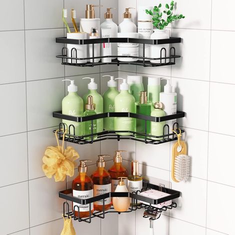 Étagère d'angle de douche avec porte-savon, 14 crochets, étagère auto-adhésive pour douches intérieures, lot de 3 cadres noirs, panier de rangement de salle de bain en acier inoxydable, sans perçage