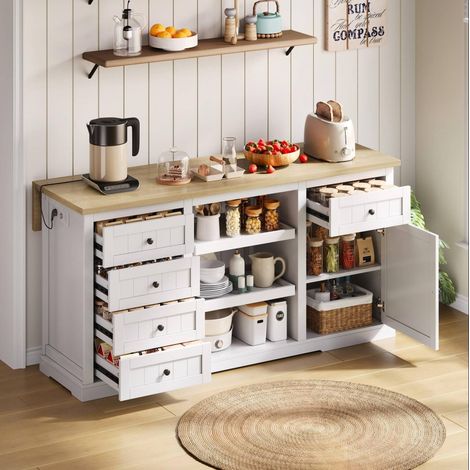 Îlot de cuisine 150x65x75,5 cm en MDF blanc et bois naturel, avec rangement pour cuisine FloraGrace (1/5)