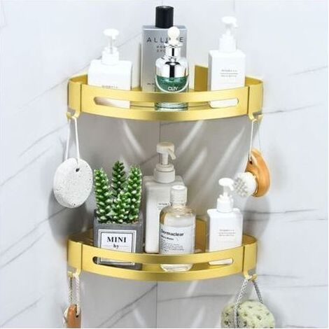 Étagère Douche Sans Perçage Etagere Angle Salle de Bain Tablette Salle de Bain Avec 4 Crochets Panier de Rangement Douche en Métal Antirouille Etagere Murale Adhésif(Dore, 2 Niveaux) (1/5)