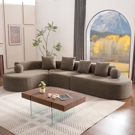 Sofá de chenilla de 5 plazas, sofá esquinero en forma de L con cojín, 327x215x80 cm, grande para 5-6 plazas, cojín de asiento de 7 cm de grosor, no requiere montaje, marrón (1/5)