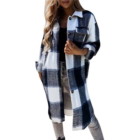 Veste-chemise Flywake pour femme, à carreaux, en laine mélangée, manches longues, fermeture boutonnée, poches, taille XL (1/5)