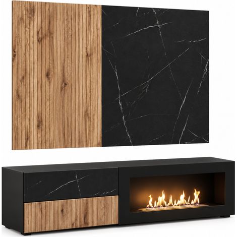 Ensemble meuble TV Cannes 1-K avec cheminée bioéthanol et vitrine - MDF noir et chêne Viking et marbre noir - 160 x 120 x 45 cm - Livraison gratuite (1/5)