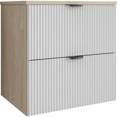 Mobile da bagno con frontale scanalato 60 cm con 2 cassetti, noce chiaro (MDF), con frontale bianco, con maniglia nera, 60 x 47 x 60 cm (1/5)