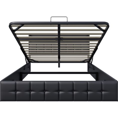 Lit coffre 160x200 cm avec sommier à lattes, lit double capitonné, tête de lit avec rangement, éclairage LED RGB, USB/ C, PU - Noir