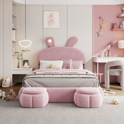 Lit rembourré 140×200cm velours rose,hydraulique,oreilles lapin LED réglables,rangement sous lit,2 tabourets rangement