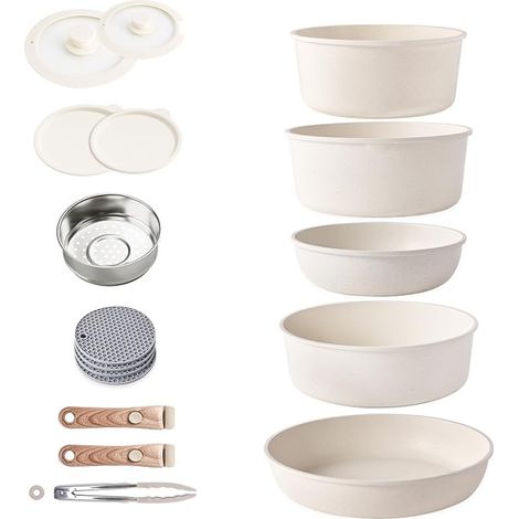Induction Batterie de cuisine avec Poignées Détachables, Empilables Antiadhésive Granit Sets de poêles et casseroles avec Couvercles, Peu encombrant Poêle à frire (1/5)