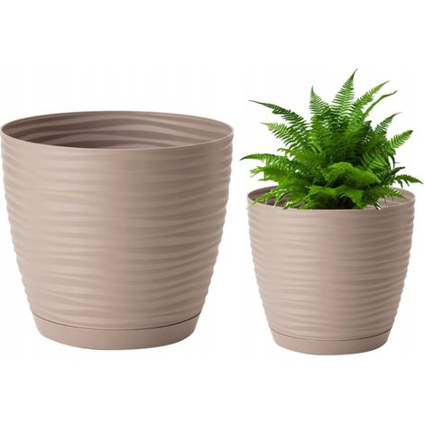 Vaso rotondo in plastica con sottovaso, beige, 10,7x11 cm