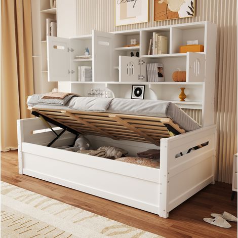 Cama individual 90x200 cm de madera blanca con almacenaje hidráulico, sin colchón – MEUBLIV (1/5)