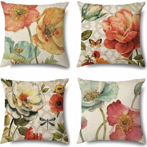 Bunte Blumen-Kissenbezüge aus Leinen, 4er-Set, moderne florale dekorative Kissenbezüge, 45 x 45 cm, Frühlings-Naturmuster, Kissenbezüge, Innendekoration, Bett, Sofa, Wohnzimmer, Außenbereich (1/5)