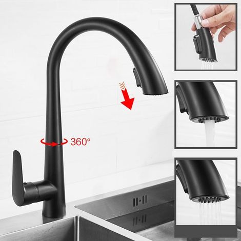 1 Robinet Mitigeur de Cuisine Extractible, Noir, Rotation 360 Degrés, 2 Modes, Cuivre, G3/8 (1/5)