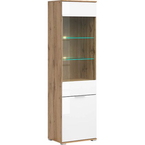 Vitrine haute en verre trempé à 2 portes avec éclairage LED coloris Chêne wotan/Blanc brillant - Longueur 56 x Profondeur 41 x Hauteur 195 cm (1/5)