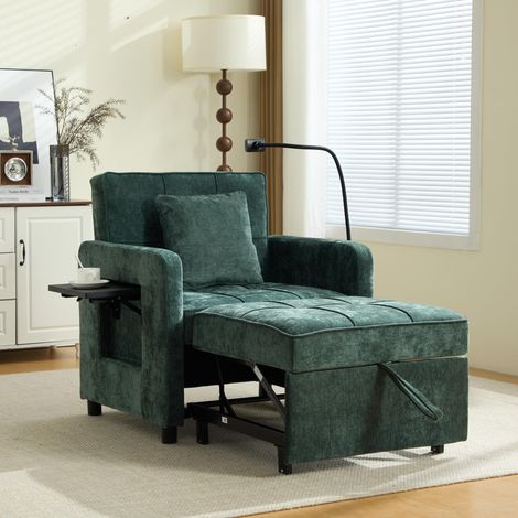 Fauteuil convertible deux-en-un, canapé-lit une place, fauteuil (avec coussins et poches latérales), avec une petite table d'un côté et un sac de rangement de l'autre (chenille verte)