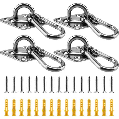 Crochet Plafond Lot de 4 - Crochet INOX M6 Acier Inoxydable avec 4 Mousquetons - Fixation Voile d'Ombrage - Œillet Mural 65x40x17mm (1/5)