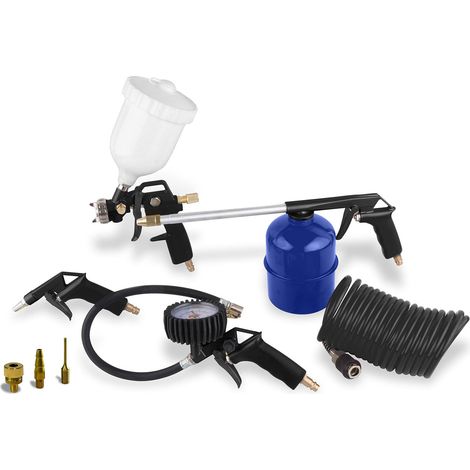 FIAC Kit Accessori per Compressore 8 Pezzi, Inclusi Gonfiagomme con Manometro, Pistola di Soffiaggio, Aerografo, Pistola Lavaggio, Tubo a Spirale 5m, 3 Punte di Gonfiaggio, Max. 8 Bar, Nero