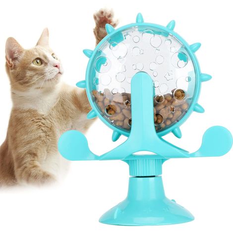 Distibuteu Inteactif de Fiandises pou Chat, Jouet D'entaînement pou Animaux de Compagnie, Moulin à Vent pou Chat, Jouet pou Chien, Moulin à Vent otatif à 360°, Jouets à Ventouse(Bleu) (1/5)
