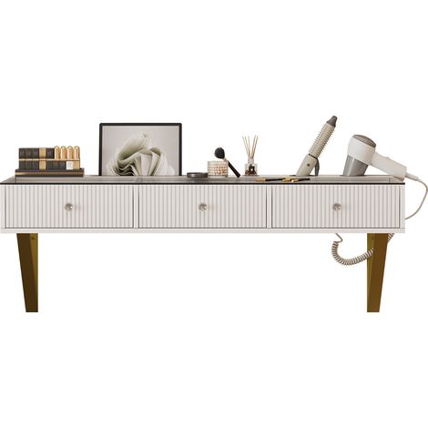 ELVMI Tocador de Pared con 3 Cajones, Tablero de Cristal, Soporte para Tableta y Vaso, Dormitorio, Blanco, 120×40×45 cm (1/5)