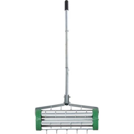 TAISHENGDA Rasenlüfter, verstellbare Grifflänge, manueller Vertikutierer, Rasenbelüftung, Stachelwalze, rollender Rasenlüfter, Rasenpflege, Garten, verzinktes Rohr, Grün+Silber, 139 x (1/5)