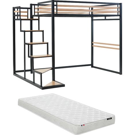 Letto a soppalco 140 x 200 cm Metallo e MDF Nero e Naturale + Materasso - JOGUI (1/5)