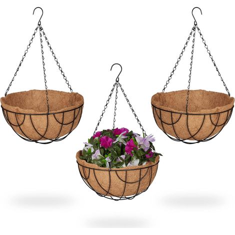 Lot de 3 Suspension pour plantes, Crochet et Chaîne, Fibre de coco, Fer noir, Intérieur Extérieur (1/5)