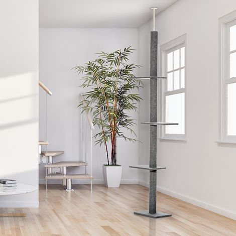 PawHut Kratzbaum deckenhoch Höhe 228-260 cm Katzenbaum mit Plattformen mehrstöckiger Katzenkratzbaum Kletterbaum für kleine & große Katzen, Grau