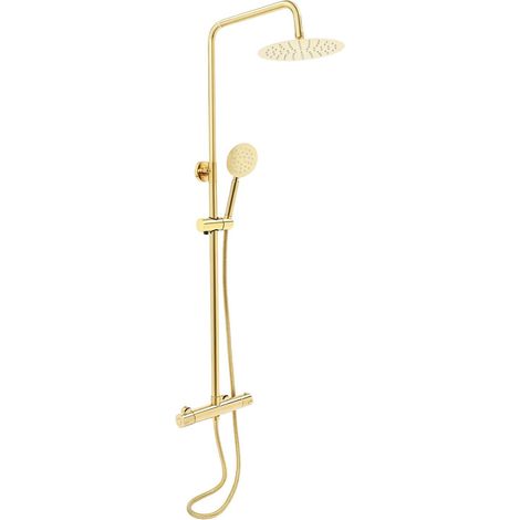 Dorée Colonne de Douche Laiton Rétro avec Mitigeur Ensemble robinet en acier inoxydable or système de douche mitigeur robinet de douche thermostat Kit de Douche Mural Réglable Hauteur