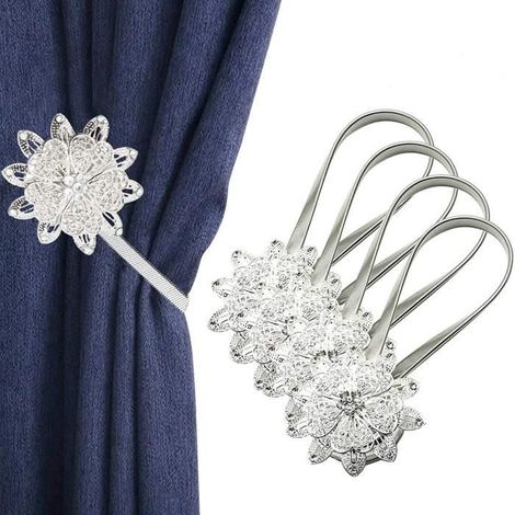 Embrasses à Rideaux,Embrasse à Rideaux Aimanté - Embrase Rideau Fleur en Cristal - Attache Rideau avec Printemps Corde,4PCS(Argent) (1/4)