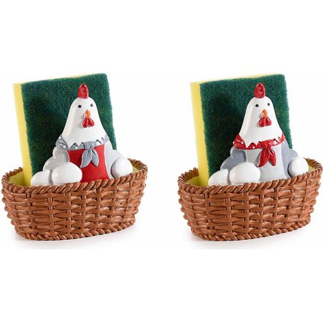 Cestino contenitore portaspugna gallinella in resina colorata con spugna, set da 6 pezzi, cm 11 x 6,5 x 11 H