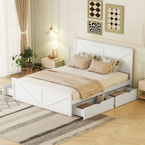 Lit adulte 160x200 cm avec 4 tiroirs, en bois, sans matelas, blanc