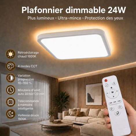 ROSNEK EVS-CMT-M-24W Plafonnier LED carré ultrafin 29 cm 24 W 3200 lm avec veilleuse ambrée 1800 K et télécommande, blanc (1/5)